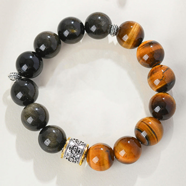 Buddha Stones Tiger Eye Gold Sheen Obsidian Om Mani Padme Hum Bracelet - Gold Sheen Obsidian&Tiger Eye (Wrist Circumference 15-17cm) - image 0