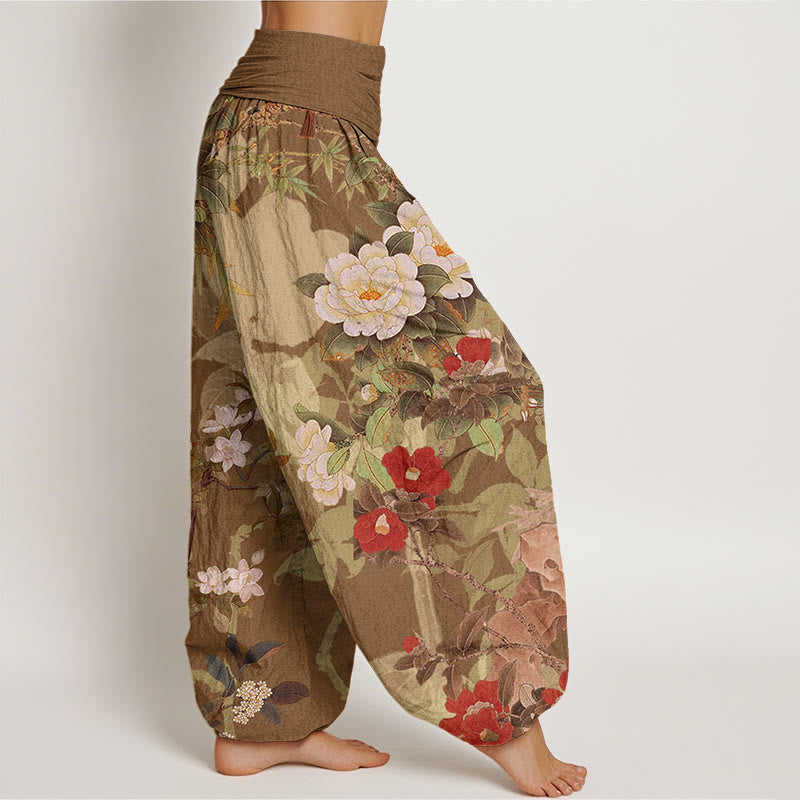 Buddha Stones Cotton Casual Peony Flowers Leaves Magpie Women's Elastic Waist Harem Pants - image 5