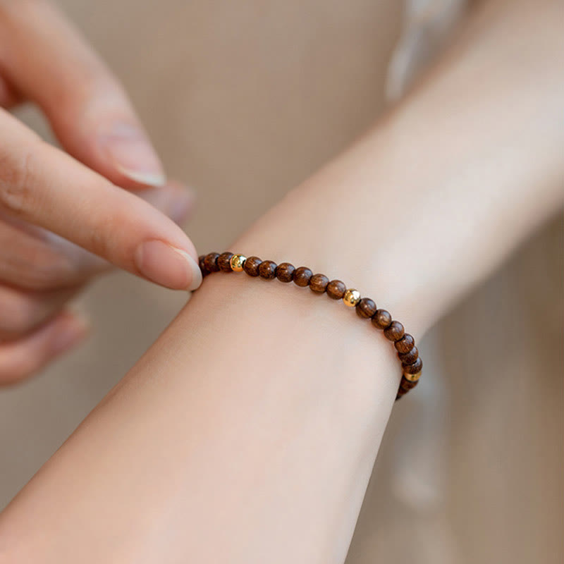 Buddha Stones 4mm Ultra-thin Sandalwood 14K Gold Plated Copper Beads Protection Bracelet - image 4