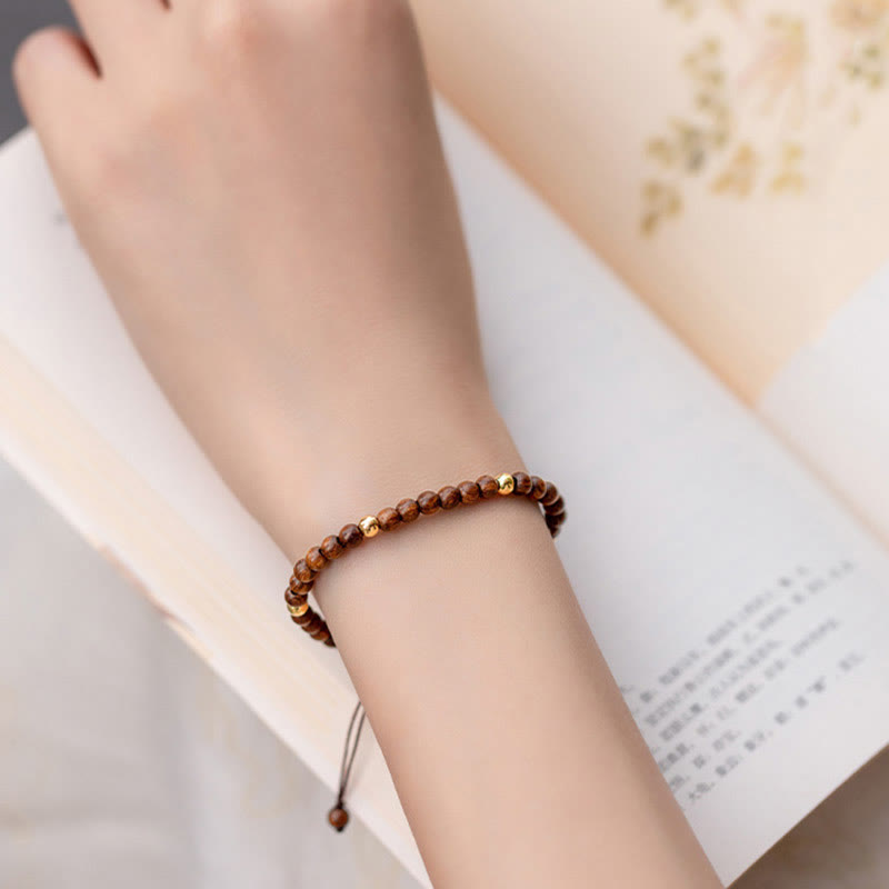 Buddha Stones 4mm Ultra-thin Sandalwood 14K Gold Plated Copper Beads Protection Bracelet - image 9