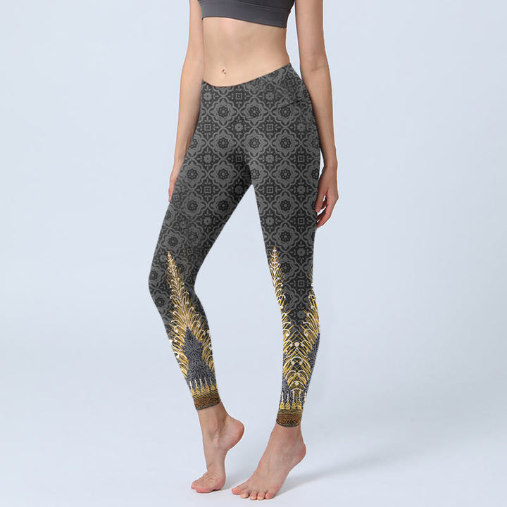 Buddha Stones Dark Gray Geometric Gold Feather Print Gym Leggings Women's Yoga Pants - DimGray - US18，UK/AU22，EU50 (4XL) - image 0