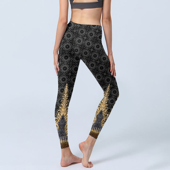 Buddha Stones Dark Gray Geometric Gold Feather Print Gym Leggings Women's Yoga Pants - image 4