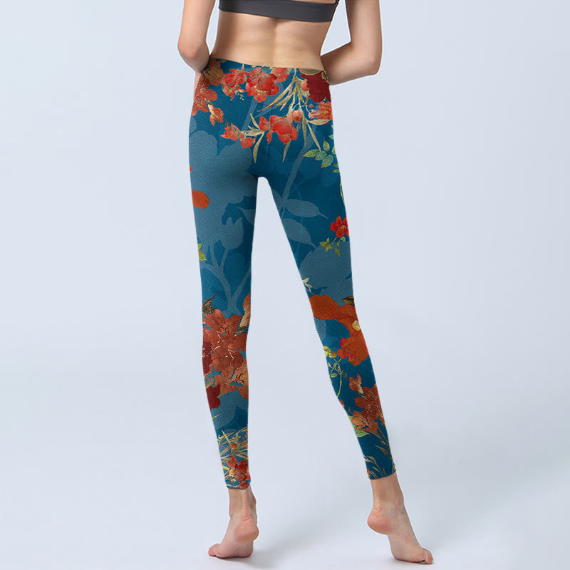 Buddha Stones Blue Red Flowers Birds Print Gym Leggings Women's Yoga Pants - image 6