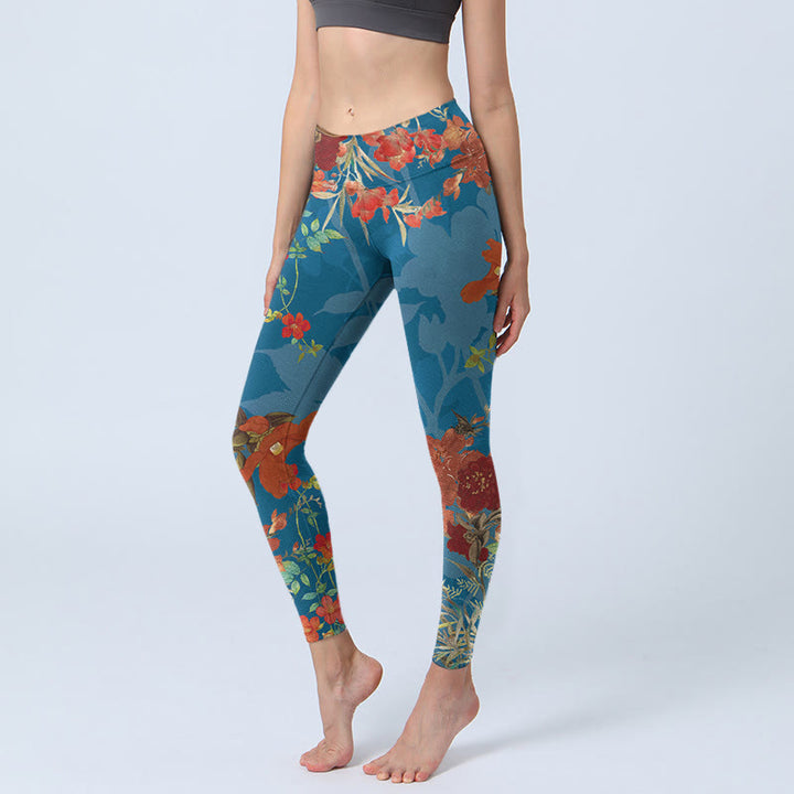 Buddha Stones Blue Red Flowers Birds Print Gym Leggings Women's Yoga Pants - SteelBlue - US18，UK/AU22，EU50 (4XL) - image 0