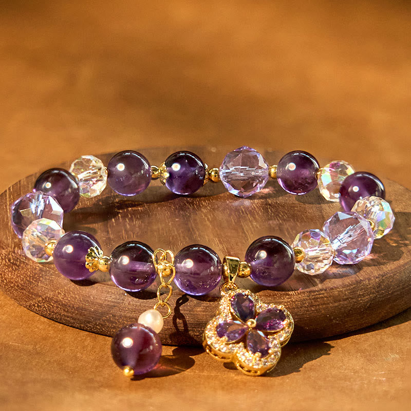 Buddha Stones Natural Amethyst Crystal Four Leaf Clover Spiritual Healing Bracelet - image 6