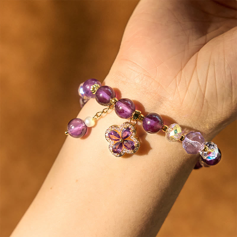 Buddha Stones Natural Amethyst Crystal Four Leaf Clover Spiritual Healing Bracelet - image 4