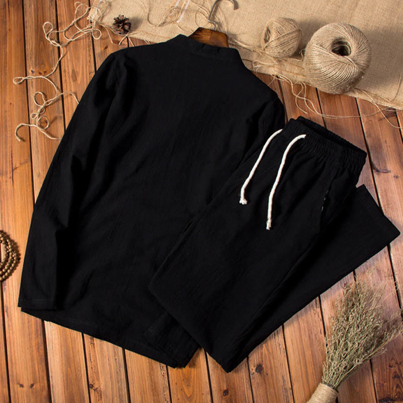 Buddha Stones Pure Color Long Sleeve Top Pants Clothing Men's Set - image 10