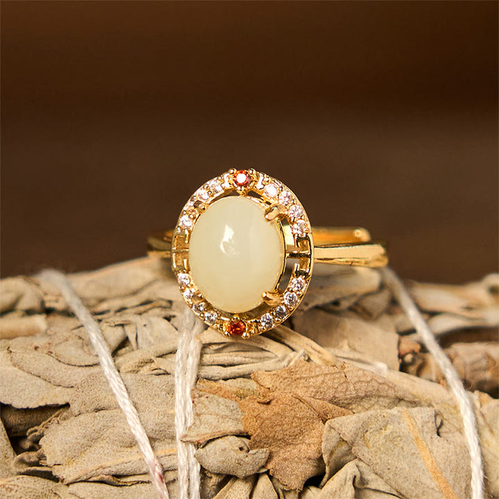Buddha Stones Natural Hetian Jade Zirconia Egg Copper Open Luck Ring - image 1