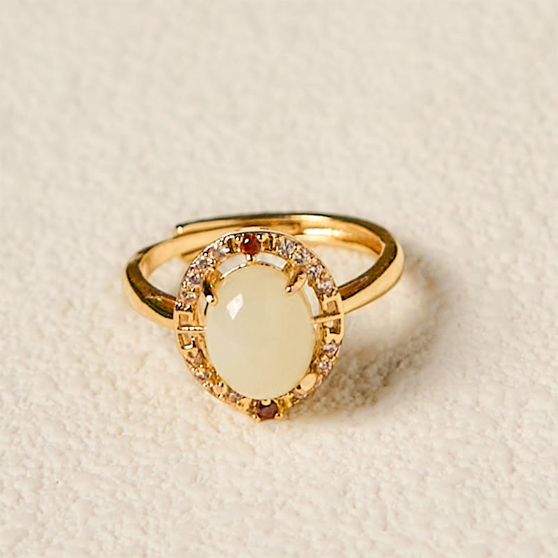 Buddha Stones Natural Hetian Jade Zirconia Egg Copper Open Luck Ring - image 2