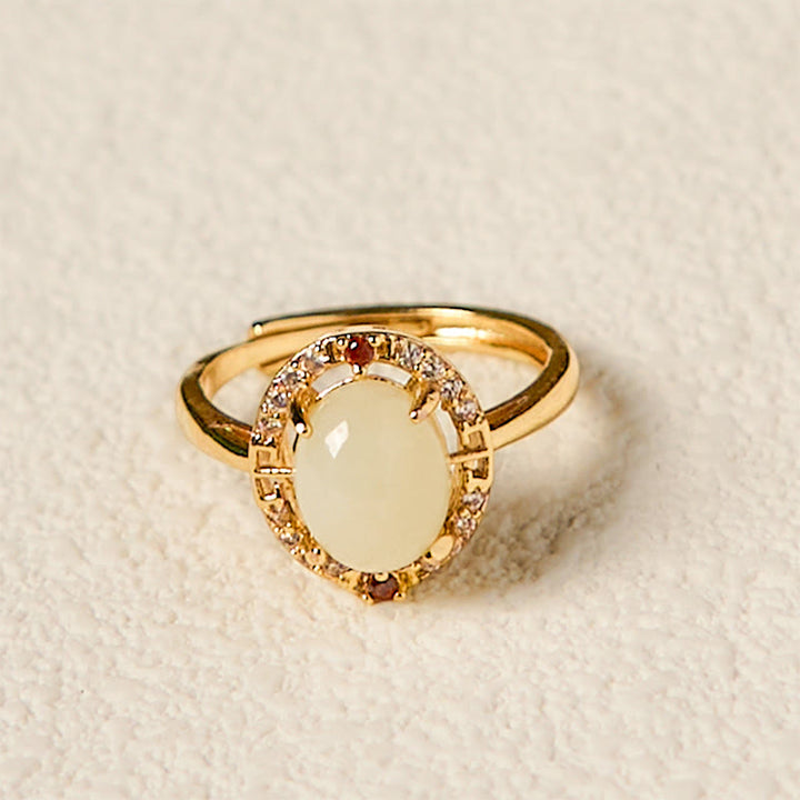 Buddha Stones Natural Hetian Jade Zirconia Egg Copper Open Luck Ring - image 2