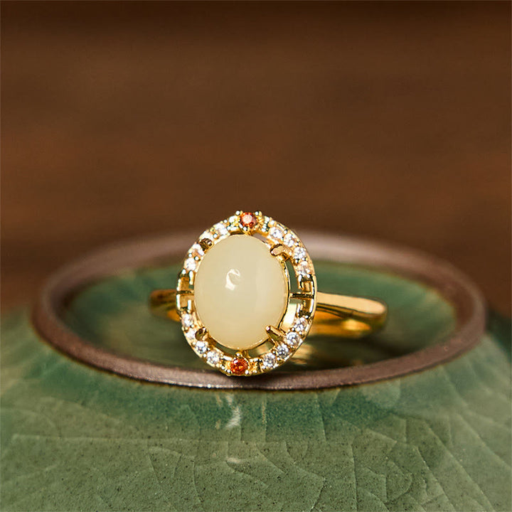 Buddha Stones Natural Hetian Jade Zirconia Egg Copper Open Luck Ring - Hetian Jade - image 0