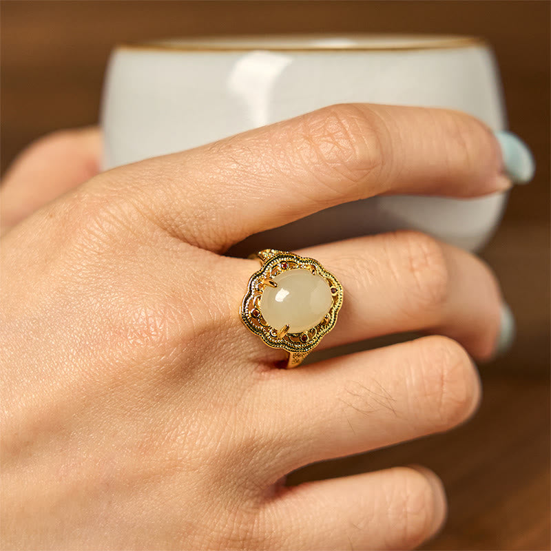 Buddha Stones Natural Hetian Jade Vintage Egg Copper Open Luck Ring - image 3