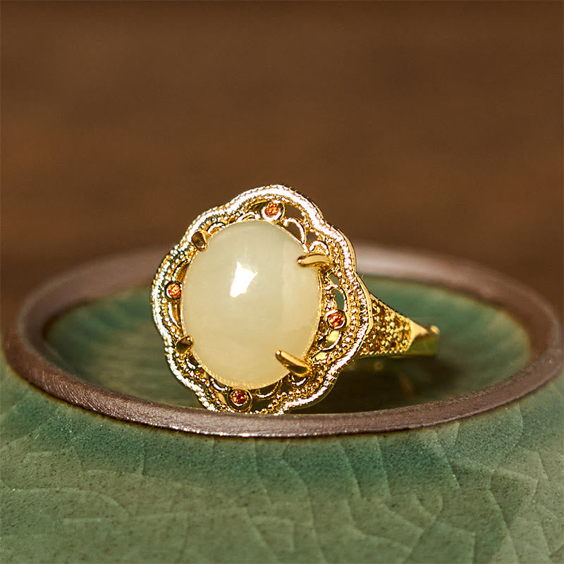 Buddha Stones Natural Hetian Jade Vintage Egg Copper Open Luck Ring - image 1