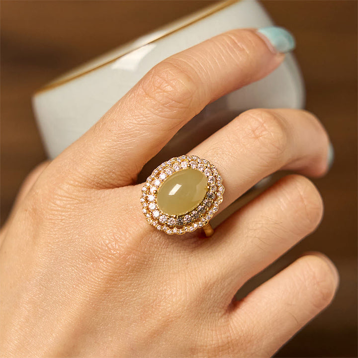Buddha Stones Natural Hetian Jade Egg Hollow Double Circle Zirconia Copper Open Abundance Ring - image 3