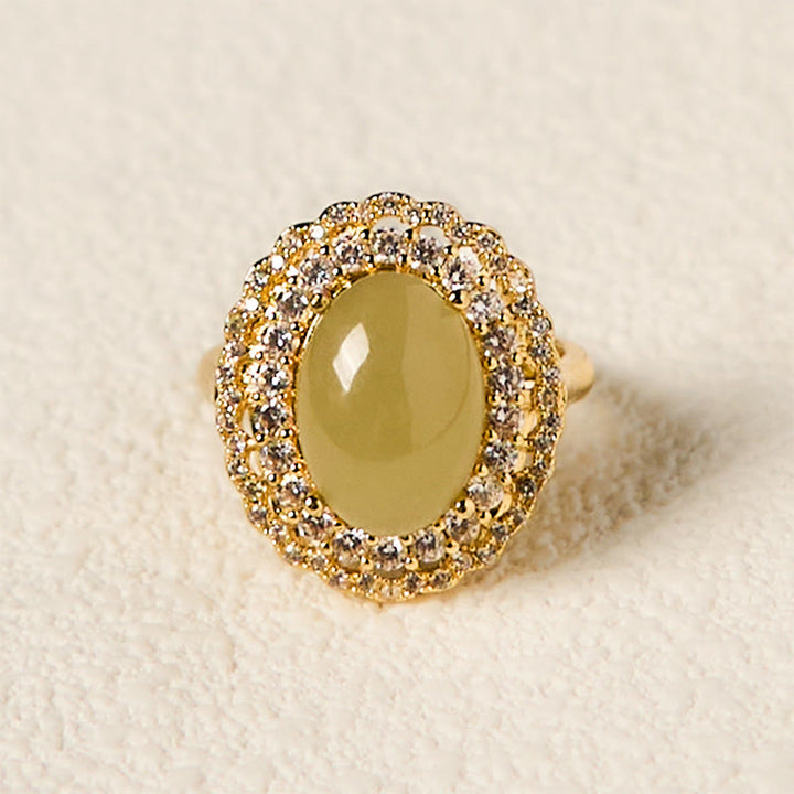 Buddha Stones Natural Hetian Jade Egg Hollow Double Circle Zirconia Copper Open Abundance Ring - image 2