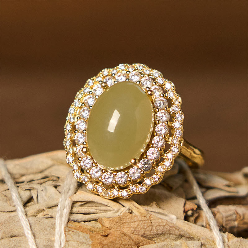 Buddha Stones Natural Hetian Jade Egg Hollow Double Circle Zirconia Copper Open Abundance Ring - Hetian Jade - image 0