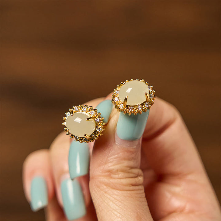 Buddha Stones Natural Hetian Jade Egg Copper Prosperity Earrings - image 4