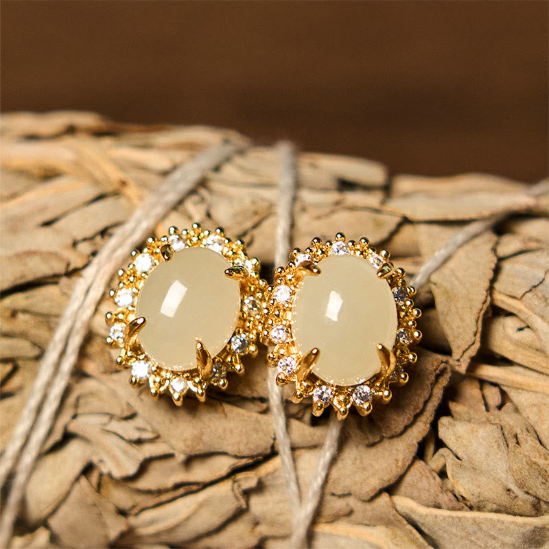 Buddha Stones Natural Hetian Jade Egg Copper Prosperity Earrings - image 2