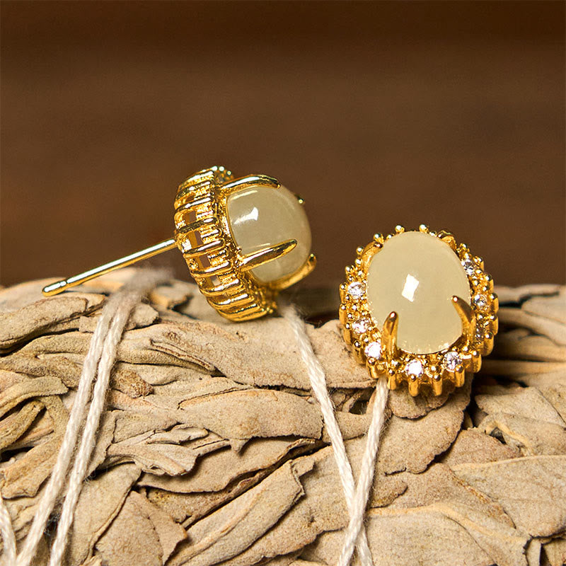 Buddha Stones Natural Hetian Jade Egg Copper Prosperity Earrings - image 3