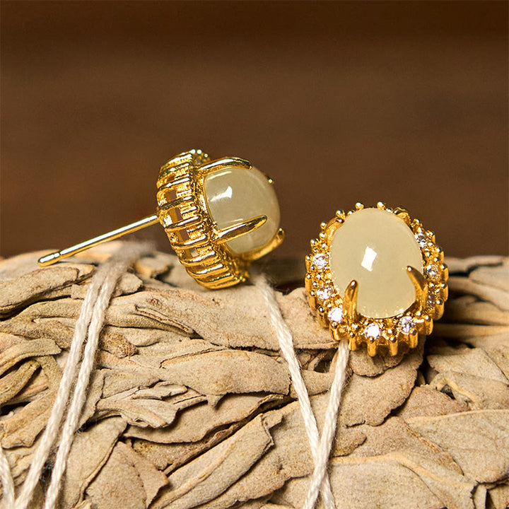 Buddha Stones Natural Hetian Jade Egg Copper Prosperity Earrings - image 3