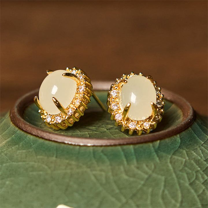 Buddha Stones Natural Hetian Jade Egg Copper Prosperity Earrings - image 1