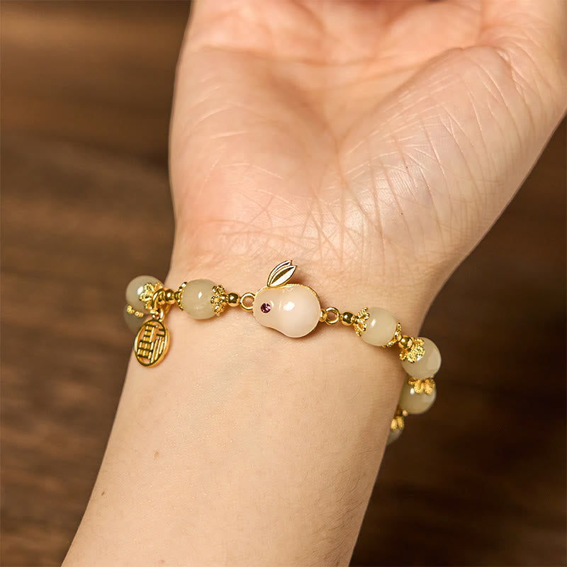 Buddha Stones Natural Hetian Jade Fu Character Fu Brand Rabbit Abundance Bracelet - image 5
