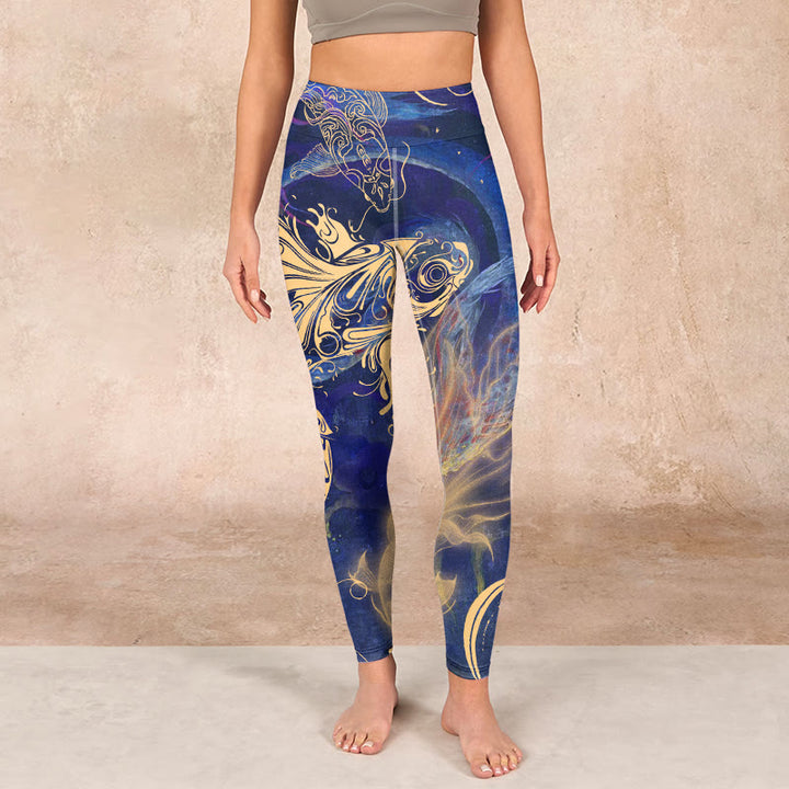 Buddha Stones Blue Koi Fish Auspicious Clouds Print Gym Leggings Women's Yoga Pants - image 1
