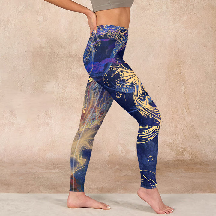 Buddha Stones Blue Koi Fish Auspicious Clouds Print Gym Leggings Women's Yoga Pants - image 16