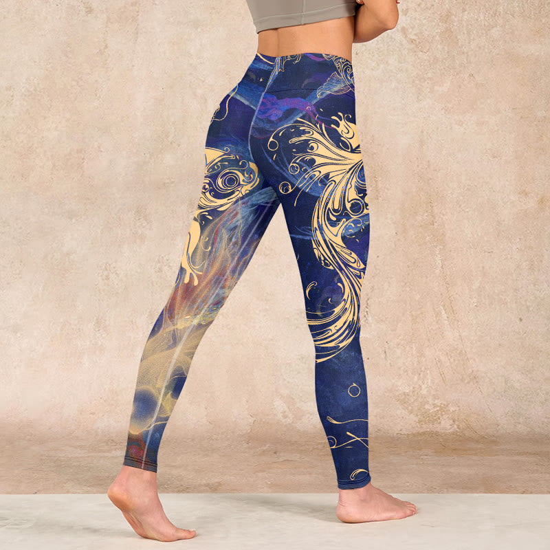 Buddha Stones Blue Koi Fish Auspicious Clouds Print Gym Leggings Women's Yoga Pants - image 4