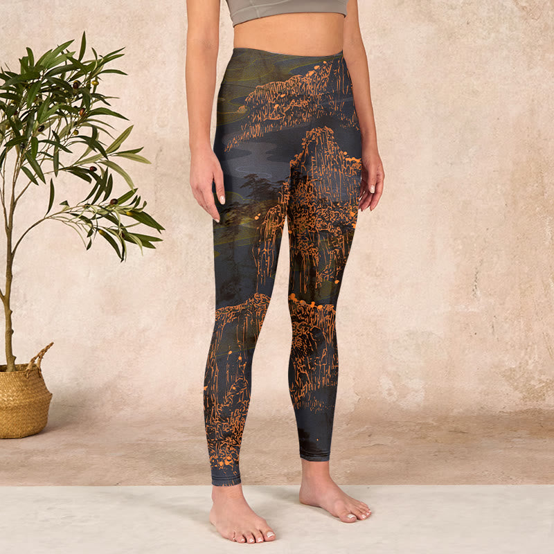 Buddha Stones Golden Mountains Clouds Print Gym Leggings Women's Yoga Pants - image 3