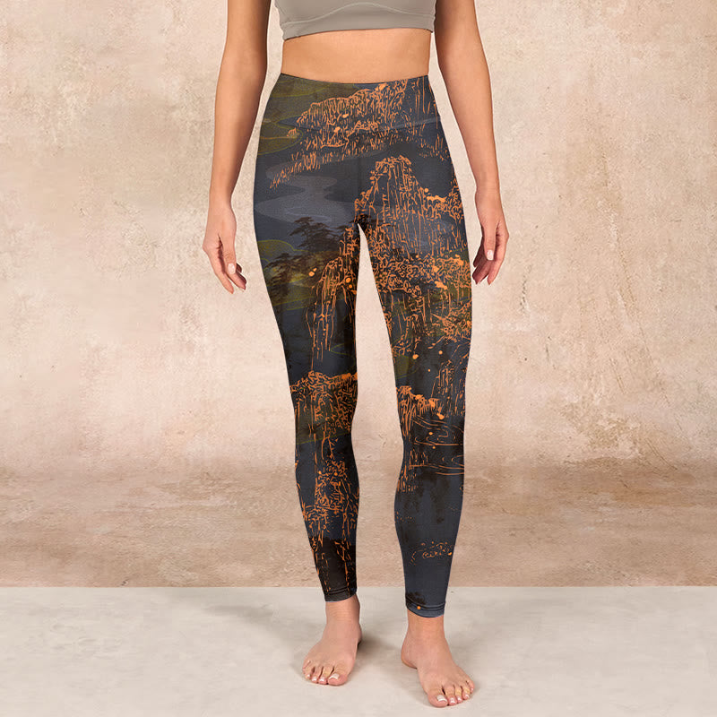 Buddha Stones Golden Mountains Clouds Print Gym Leggings Women's Yoga Pants - image 1