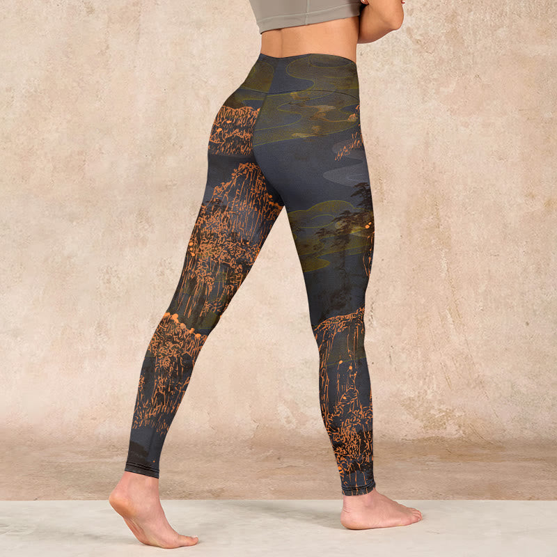 Buddha Stones Golden Mountains Clouds Print Gym Leggings Women's Yoga Pants - image 4