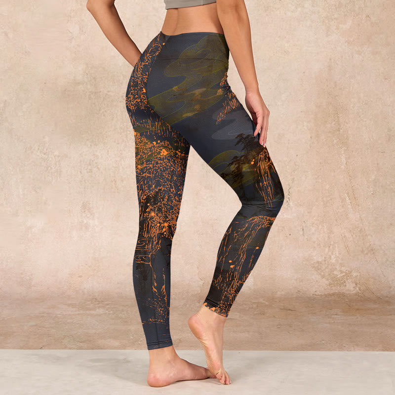 Buddha Stones Golden Mountains Clouds Print Gym Leggings Women's Yoga Pants - image 2