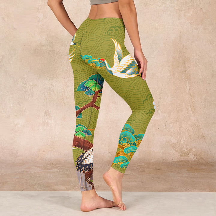 Buddha Stones Flying Cranes Auspicious Clouds Trees Print Gym Leggings Women's Yoga Pants - image 2