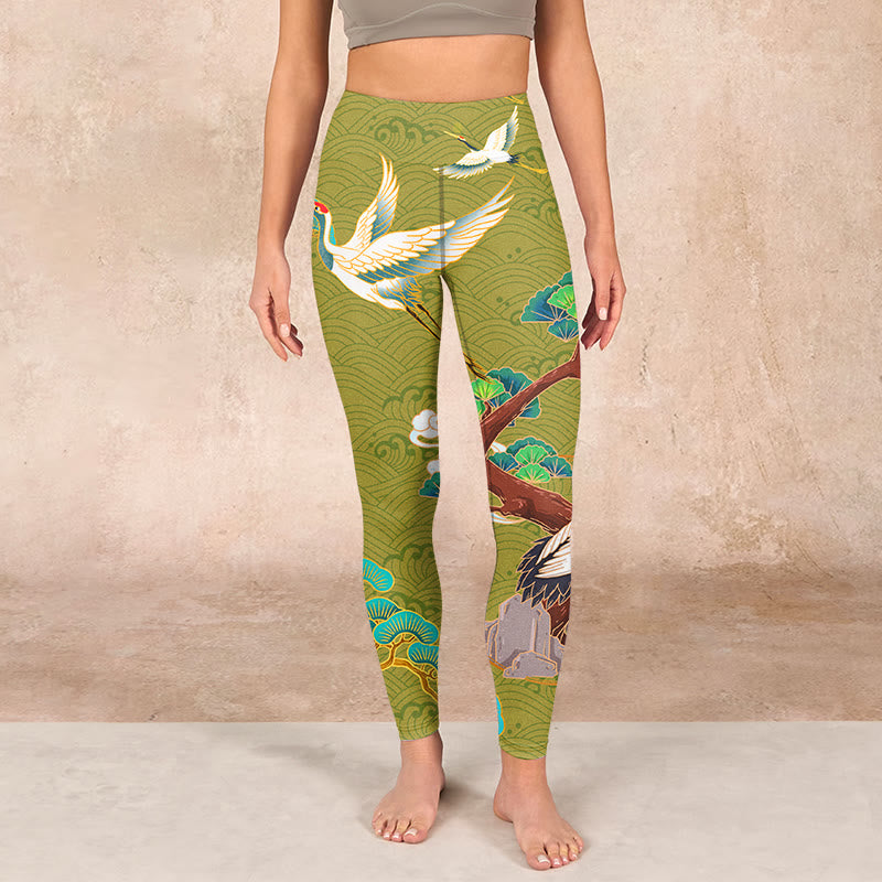 Buddha Stones Flying Cranes Auspicious Clouds Trees Print Gym Leggings Women's Yoga Pants - image 1