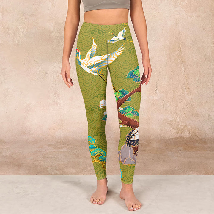 Buddha Stones Flying Cranes Auspicious Clouds Trees Print Gym Leggings Women's Yoga Pants - image 1