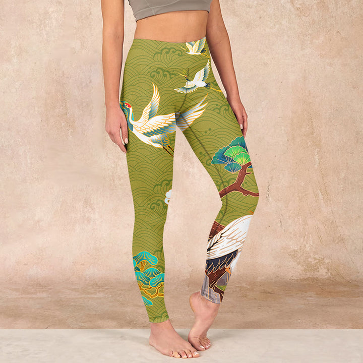 Buddha Stones Flying Cranes Auspicious Clouds Trees Print Gym Leggings Women's Yoga Pants - OliveDrab - US18，UK/AU22，EU50 (4XL) - image 0