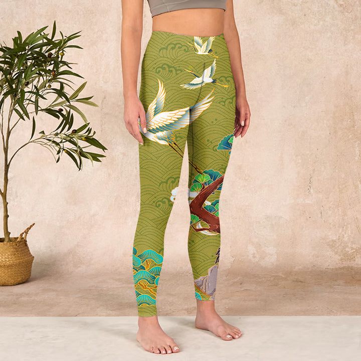 Buddha Stones Flying Cranes Auspicious Clouds Trees Print Gym Leggings Women's Yoga Pants - image 3