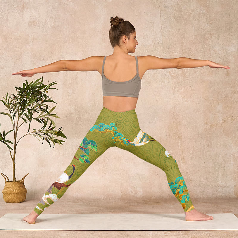 Buddha Stones Flying Cranes Auspicious Clouds Trees Print Gym Leggings Women's Yoga Pants - image 10