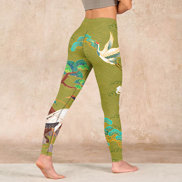 Buddha Stones Flying Cranes Auspicious Clouds Trees Print Gym Leggings Women's Yoga Pants - image 4