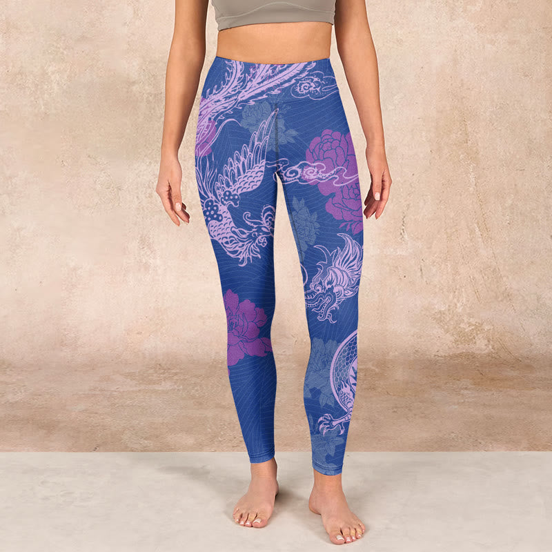 Buddha Stones Purple Dragon Phoenix Flowers Print Gym Leggings Women's Yoga Pants - image 1