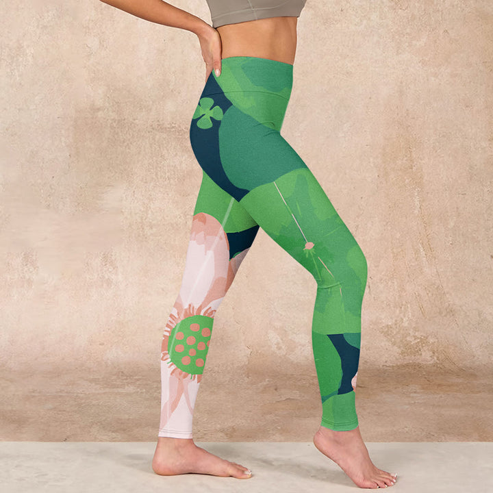 Buddha Stones Green Lotus Flower Leaf Print Sports Fitness Leggings Women's Yoga Pants - image 16