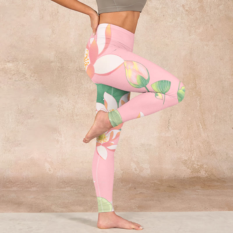 Buddha Stones Pink Lotus Flower Leaf Print Gym Fitness Leggings Women's Yoga Pants - image 15