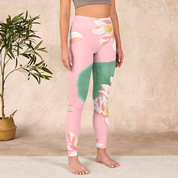 Buddha Stones Pink Lotus Flower Leaf Print Gym Fitness Leggings Women's Yoga Pants - image 3