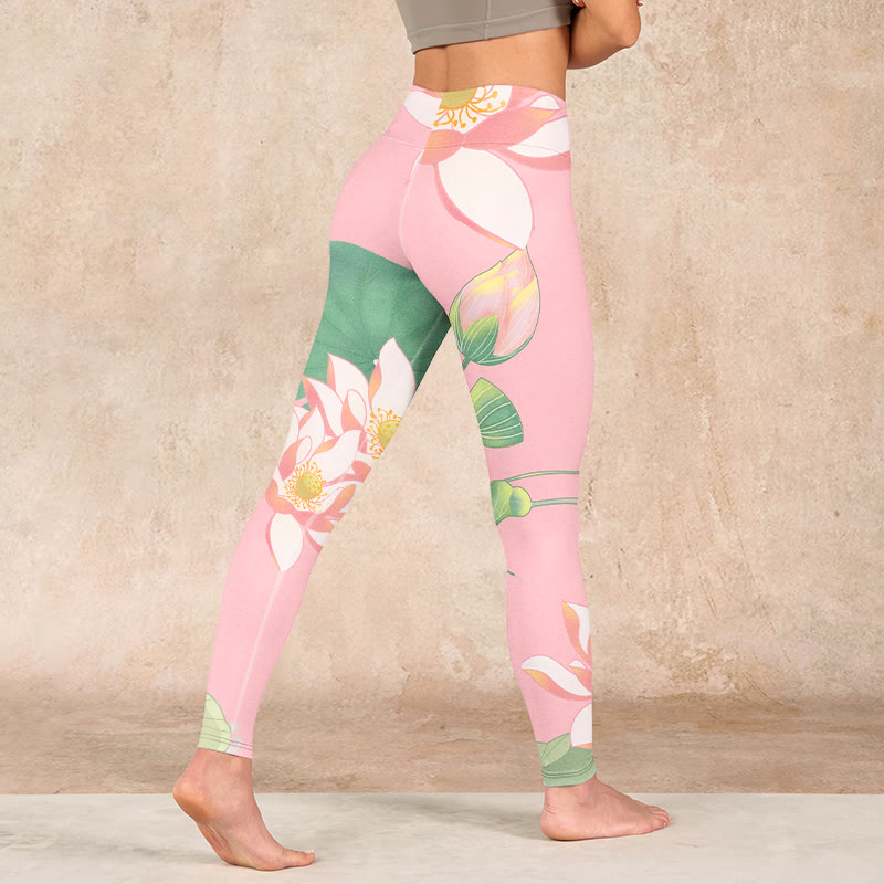 Buddha Stones Pink Lotus Flower Leaf Print Gym Fitness Leggings Women's Yoga Pants - image 4