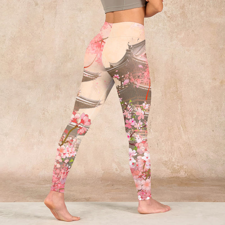 Buddha Stones Pink Sakura Antique Building Print Fitness Leggings Women's Yoga Pants - image 4