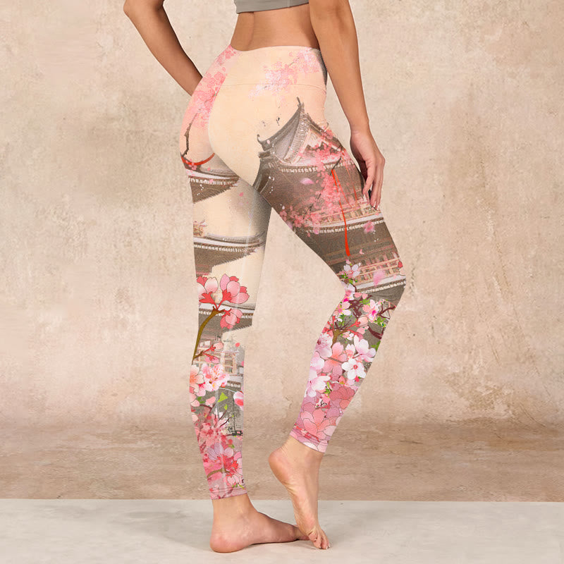 Buddha Stones Pink Sakura Antique Building Print Fitness Leggings Women's Yoga Pants - image 2
