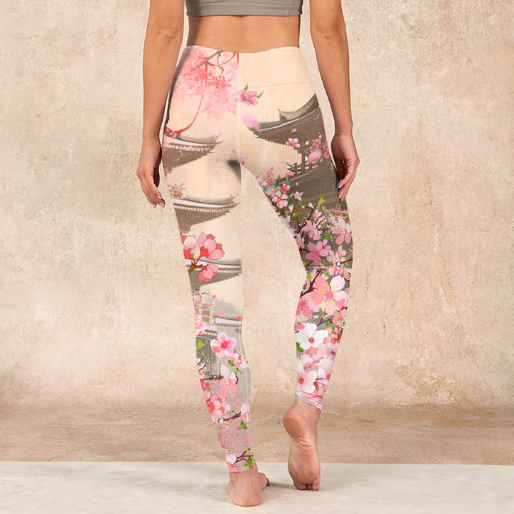 Buddha Stones Pink Sakura Antique Building Print Fitness Leggings Women's Yoga Pants - image 14