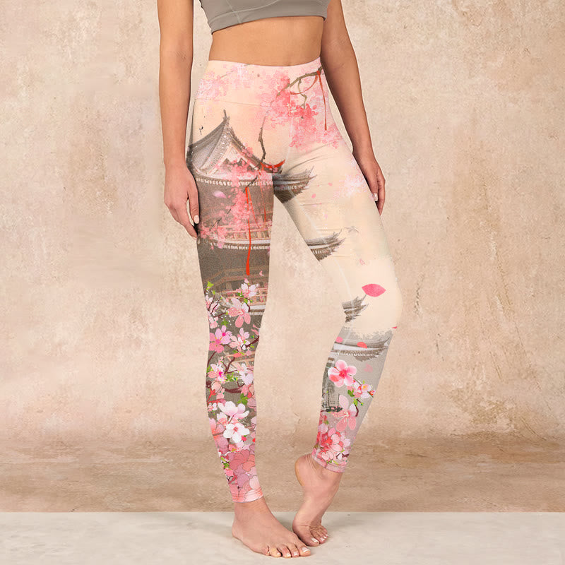 Buddha Stones Pink Sakura Antique Building Print Fitness Leggings Women's Yoga Pants - LavenderBlush - US18，UK/AU22，EU50 (4XL) - image 0
