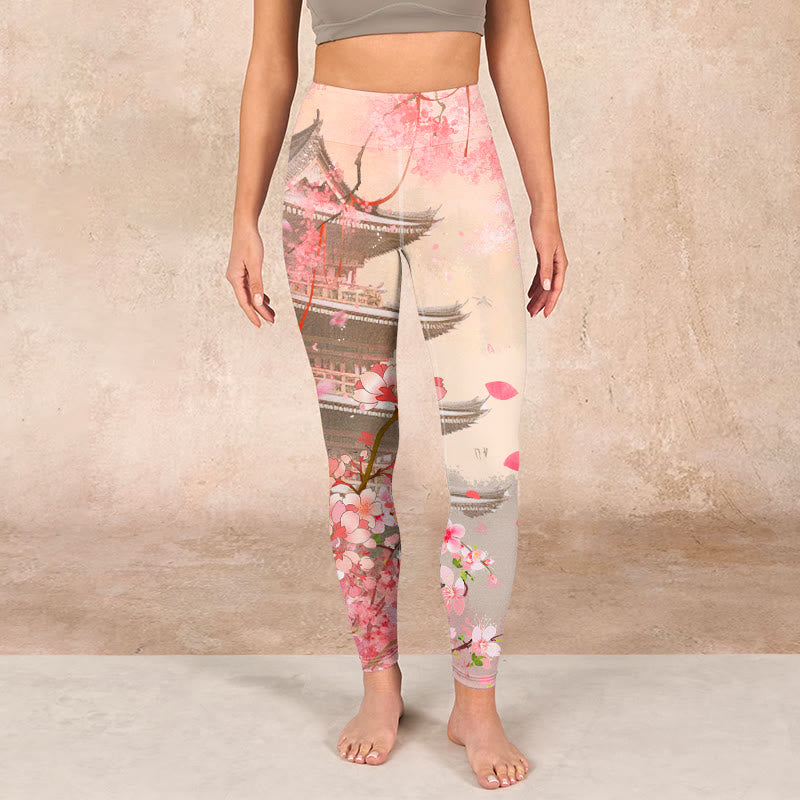 Buddha Stones Pink Sakura Antique Building Print Fitness Leggings Women's Yoga Pants - image 1